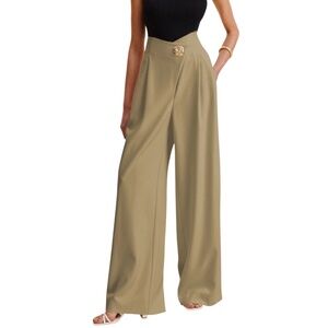 Commense Medium Khaki Embellished High-Waist Wide-Leg Career Office Chic Pants